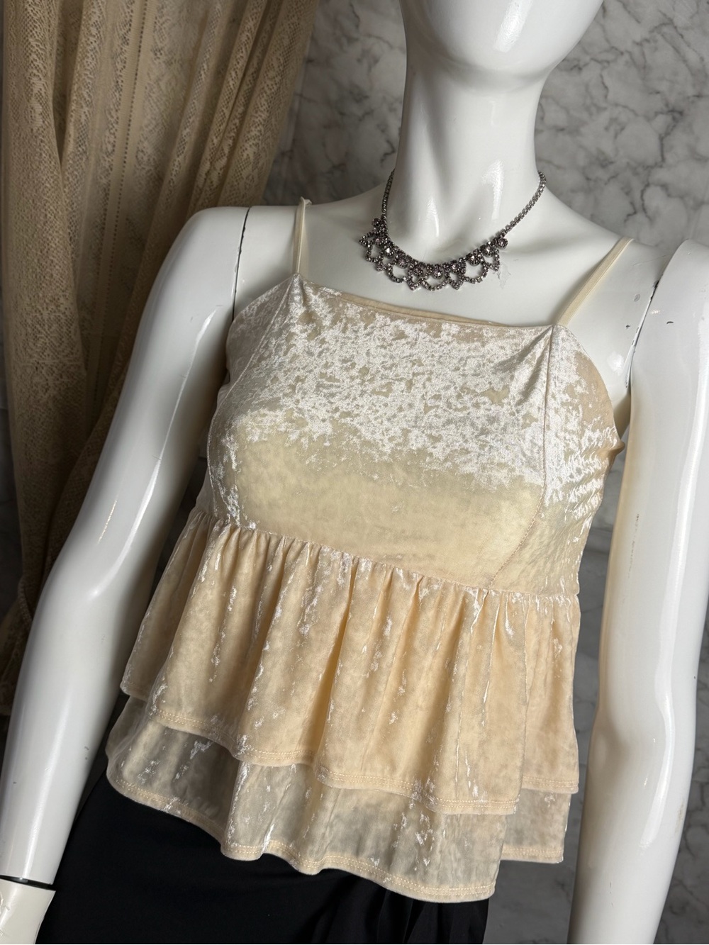 Buttercream Crushed Velvet Ruffle Tiered Top Smocked Back SP Coquette Y2K Style